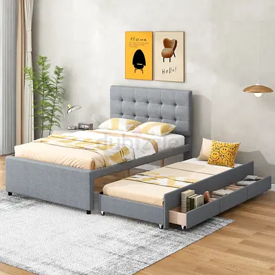 Stylish and Modern Grey Bed with Pull-out Drawer