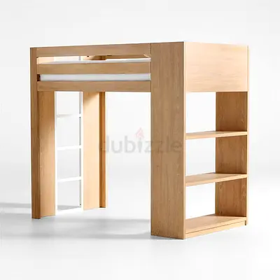 NATURAL BROWN OAK WOOD KIDS STORAGE LOFT BED