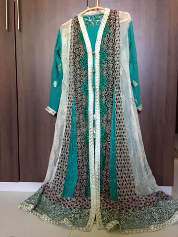 Green Chiffon Embroidered Gown Dress (4 pc)