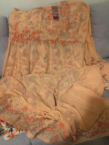 Beige Chiffon Long Gown Dress (Semi Stitched)