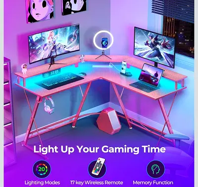 Pink L-Shaped Study gaming Desk with LED and electric outlets for Sale