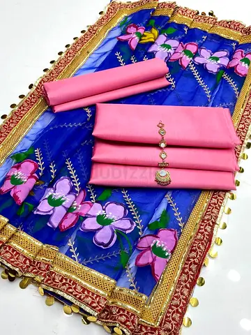 Katan silk  3pc unstitched dress with fancy duppta