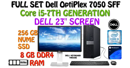 Full set 23” LED DELL OPTILEX 7050 SFF-CORE i5-7TH GENRATION 3.40GHZ-256GB SSD-8GB DDR4 RAM-WIN 11