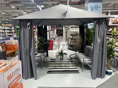 New Square Grey Metal Gazebo with Side Curtains 3 meter X 3 meter