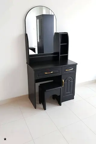 Elegant Black Dresser with Mirror and Stool
