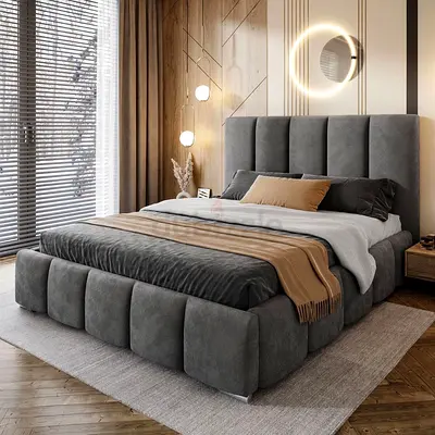 Elegant Gray Upholstered Queen Bed with Plush Headboard
