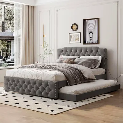 Elegant Grey Upholstered Bed with Stylish Design