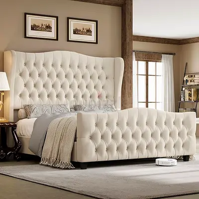Elegant Upholstered Bed Frame with Plush Headboard