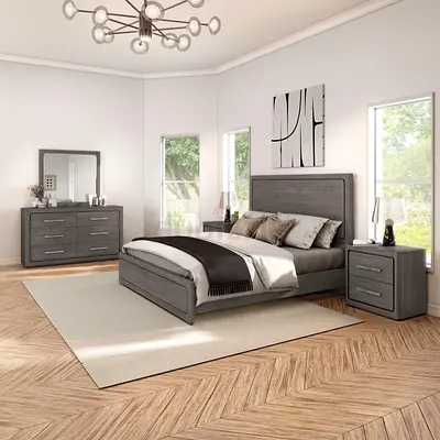Contemporary Bedroom Set with Bed with spring Mattress , Nightstand, and Dresser in Fabric