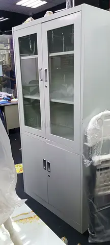 Contemporary Grey Cabinet with Glass Doors - Perfect for Storage