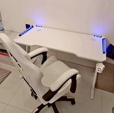 Modern White Study Table with LED Lights and Ergonomic Chair