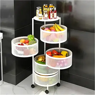 5 LAYER OVAL REVOLVING STORAGE RACK – WHITE METAL MULTIPURPOSE TROLLEY WITH WHEELS