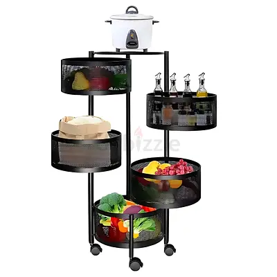 5 LAYER OVAL REVOLVING STORAGE RACK TROLLEY – BLACK 5 TIER MULTI PURPOSE CART