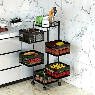 5 LAYER STORAGE RACK – REVOLVING MULTI PURPOSE TROLLEY WITH WHEELS IN BLACK