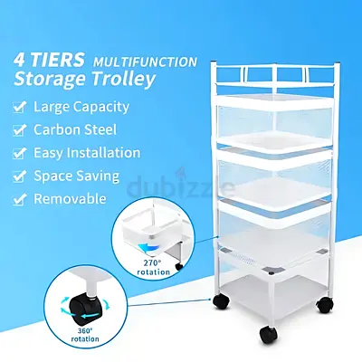 4 LAYER REVOLVING MULTI PURPOSE CART – WHITE METAL MESH TROLLEY WITH WHEELS – 4 TIER STORAGE RACK FO