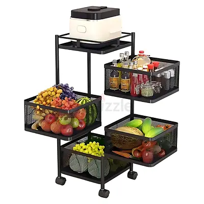 4 LAYER STORAGE RACK – REVOLVING MULTI PURPOSE TROLLEY WITH WHEELS IN BLACK