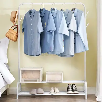 WHITE METAL GARMENT RACK WITH DUAL SHOE SHELVES AND ACCESSORY HOOKS