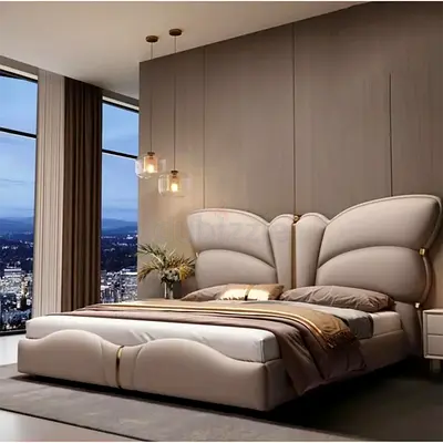 Luxurious Butterfly Wing Upholstered King Bed With Plush Padded Headboard