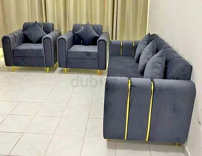 Elegant Grey Velvet Sofa Set with Gold Accents