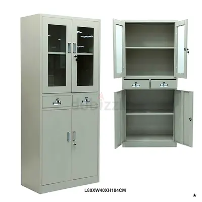 Sturdy Grey Storage Cabinet with Glass Doors