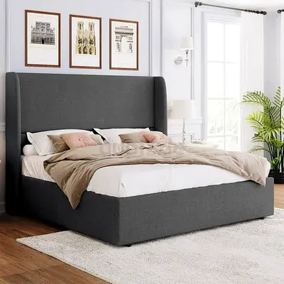 King Size Lift Up Storage Bed, Upholstered Platform Bed Frame,Modern Wingback Headboard,