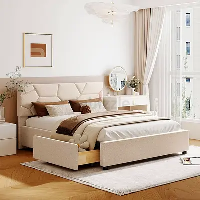Queen Upholstered Platform Bed with drawers