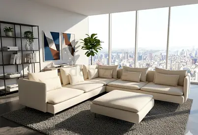 Ikea söderhamn.corner sofa with ottoman in beige color.