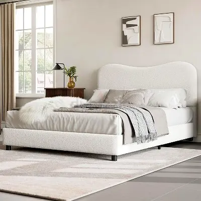 Upholstered Boucle Platform Bed with Curved Shaped Headboard  Soft Rounded Corners