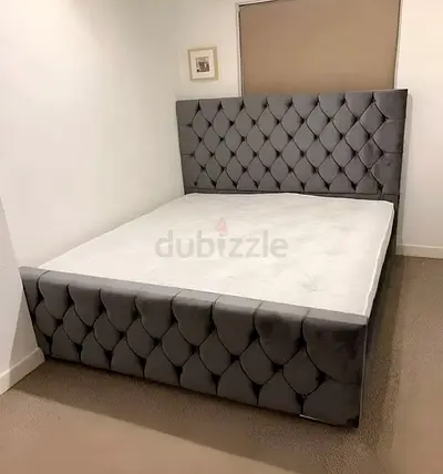 Stylish Grey Velvet Bed Frame with Upholstered Headboard