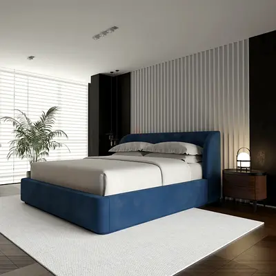 Modern Blue Upholstered Queen Bed Frame with Soft Edges