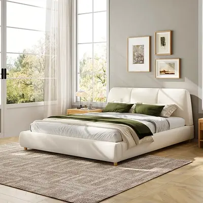 Upholstered Bed Frame with Linen Fabric and Solid Wood Legs