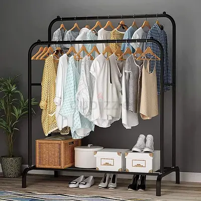 Premium Metal Clothes Rack With Double Rails - Heavy Duty Garment Storage for Bedroom, Entryway