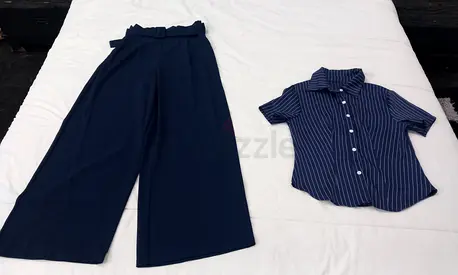 Trendy Blue Outfit Set - Stylish Top and Wide-Leg Trousers!