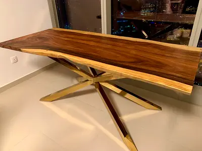 MARINA HOME ACACIA SLAB DINING TABLE GOLD LEGS DESIGNER LUXURY TIMOTHY NATUZZI WOOD LIVE EDGE