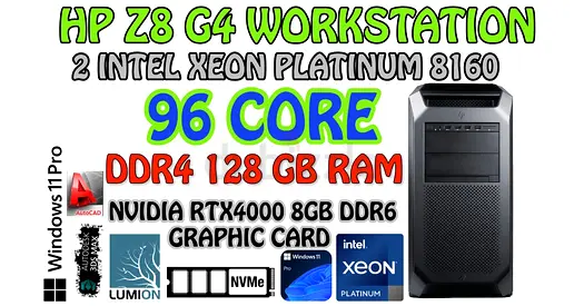 96 CORE HP Z8-G4 WORKSTATION-2 INTEL XEON PLATINIUM 8160 CPU-NVIDIA RTX4000 8GB GRAPHIC CARD-WIN 11