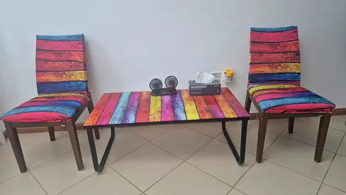 Vibrant Colorful coffee Set with heavy n sturdy Chairs with covers for Sale.Dimensions: 41x21x15 in