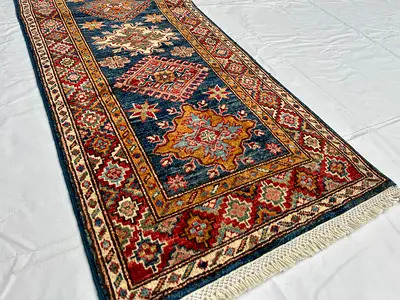 60 x 190 cm | New Handmade Stunning Super Kazak Runner Carpet Blue 51U