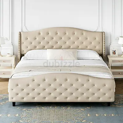 King Bed Frame with Headboard and Footboard, Tufted Upholstered Platform King Size Bed Frame ,