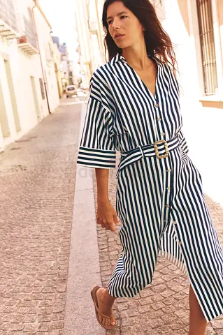 Zara Stripped Linen Midi Dress in Navy  White