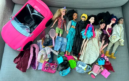 Dolls with accessories and Barbie car