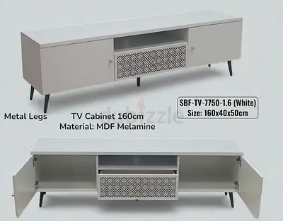 Stylish White TV Cabinet with Metal Legs - 160cm