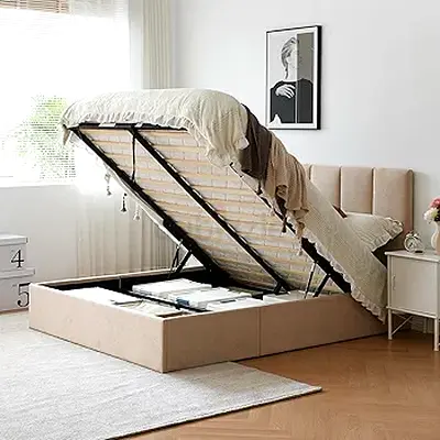 Queen Size Lift-Up Storage Bed, Hydraulic Linen Upholstered Bed Frame