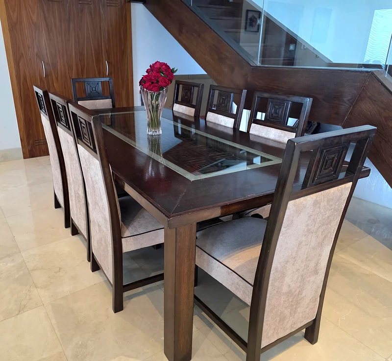 Elegant 8-Seater Solid Wood Dining Table with Glass Top Cushioned