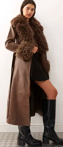 Leather Look Trench Coat with fur Brand New size M-L in brown