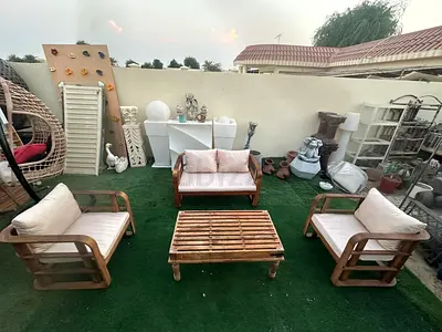 Acacia wood set 2+1+1 new cushions fabric with massive wood table