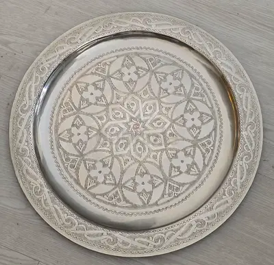 Moroccan Serving Tray, Wall Hanging, Silver Brass