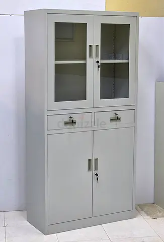 Stylish Gray Storage Cabinet with Glass Doors