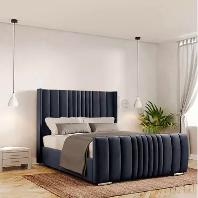Navy blue Upholstered Bed Frame  Modern Plush Bed