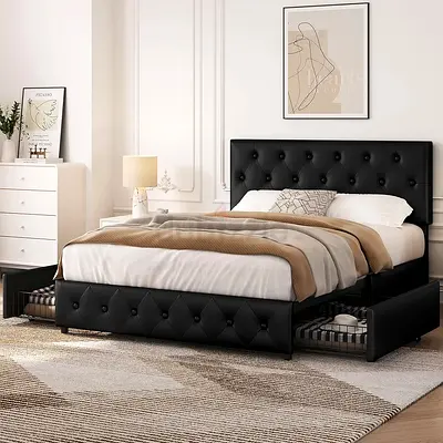 Double Bed Frame with 2 Drawers, Height-Adjustable Headboard, Padded Bed with Slatted Base