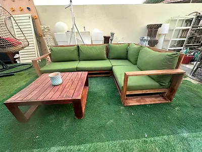 Acacia wooden large sectional sofa with cushions and table